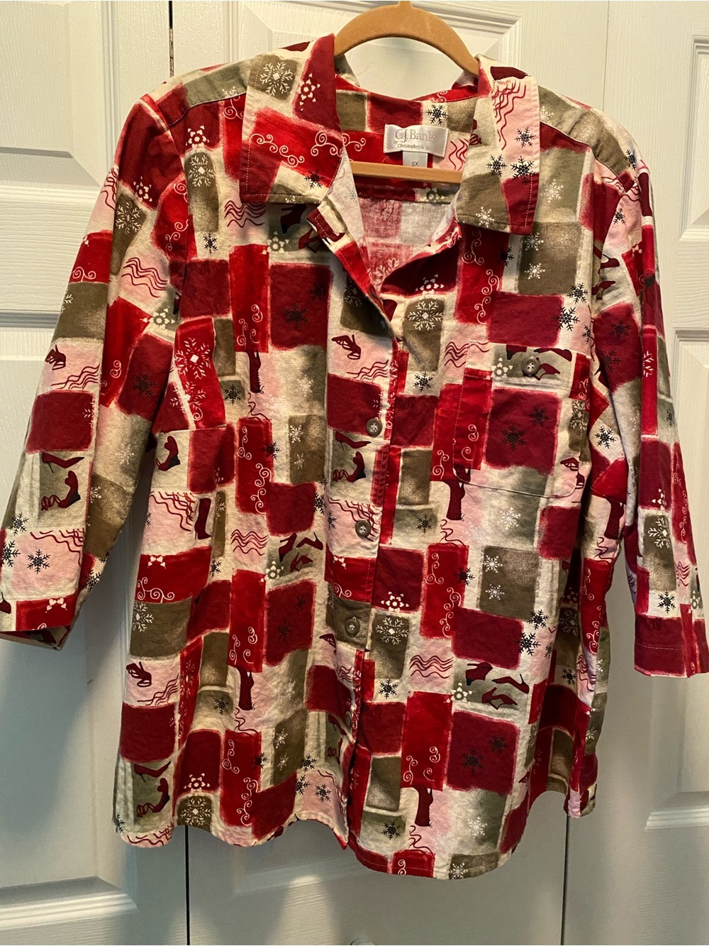 CJ Banks Winter Pattern Woman’s top Maroon/Brown 3X boots & snowflakes